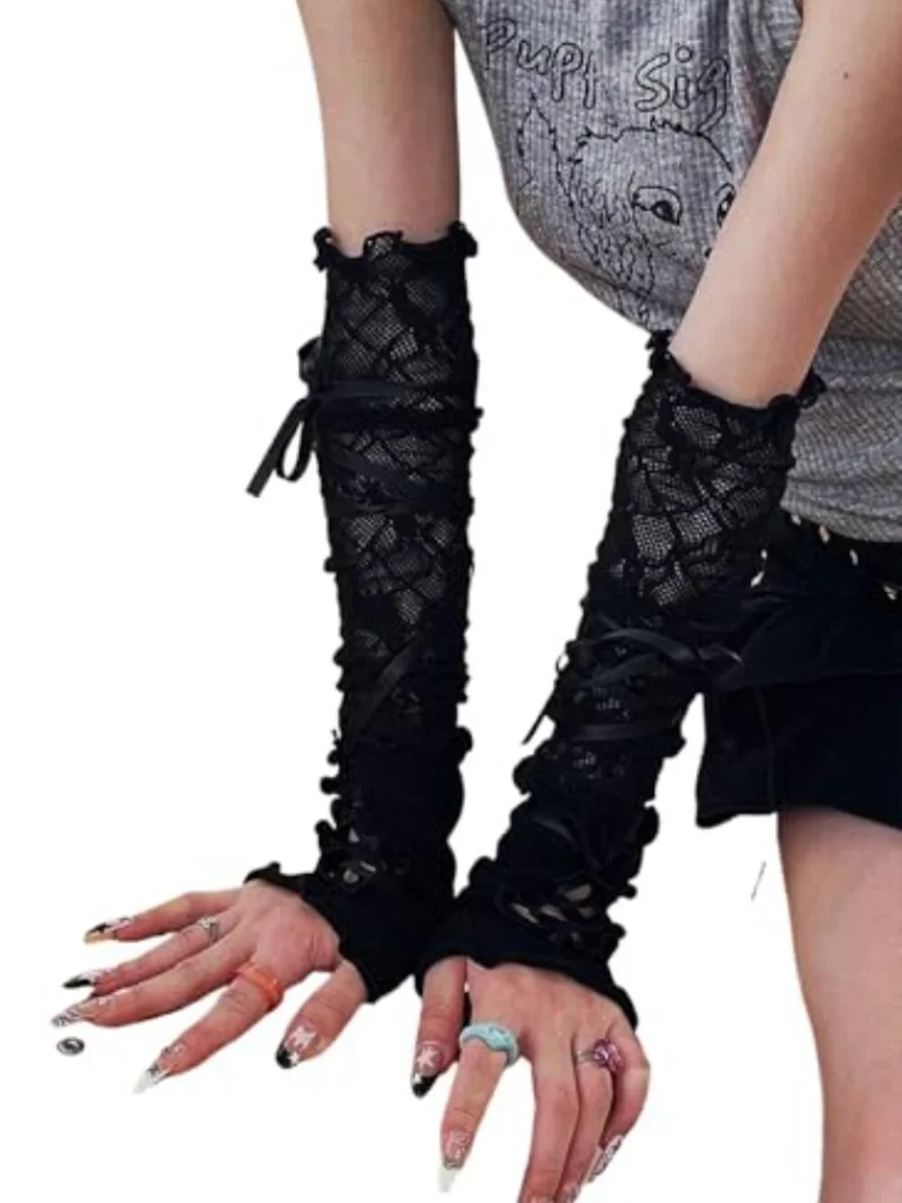 Lace Fingerless Gloves Long Mesh Gothic Y2K Tulle Ballet Gloves